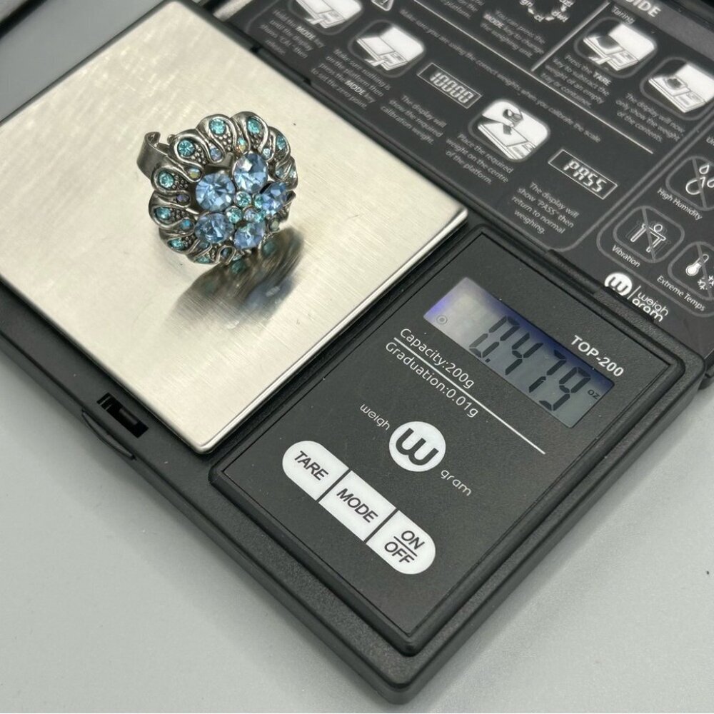 Blue Rhinestone Floral Cocktail Ring Adjustable Silver Tone - Picture 7 of 9